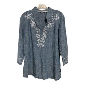 Orvis Women’s Size M Blue Linen-Blend Embroidered Tunic Top